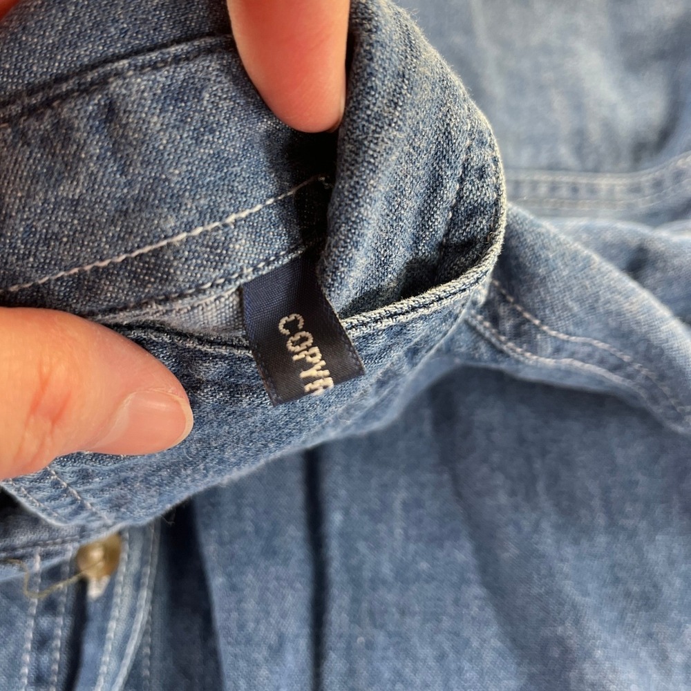 Vintage 90s Quizzical Denim Shirt L Blue Christmas Noahs Ark Festive Grandmacore - Picture 7 of 14
